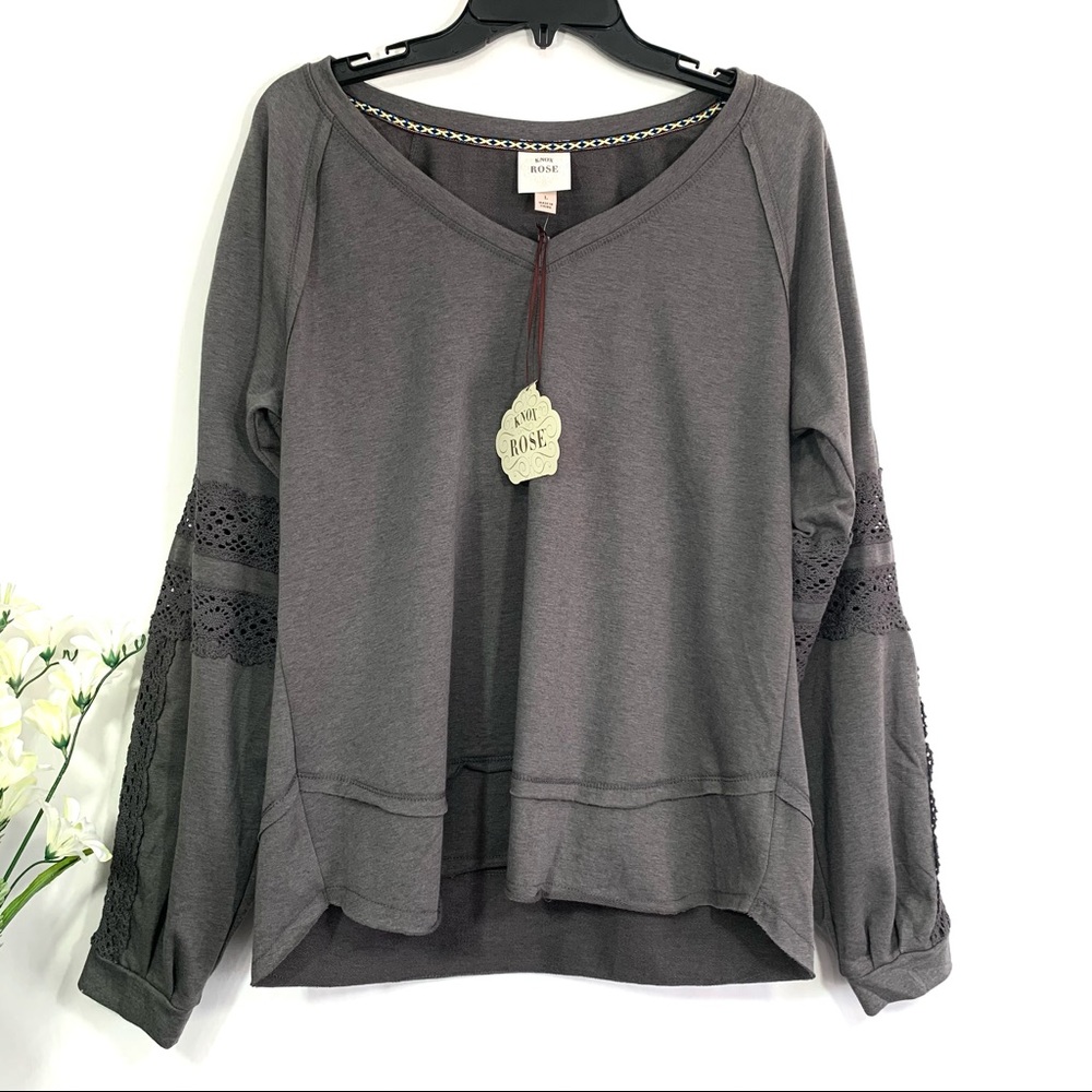 Knox Rose Women’s Gray Lightweight Lace Detail Long Sleeve Sweatshirt Top - NWT